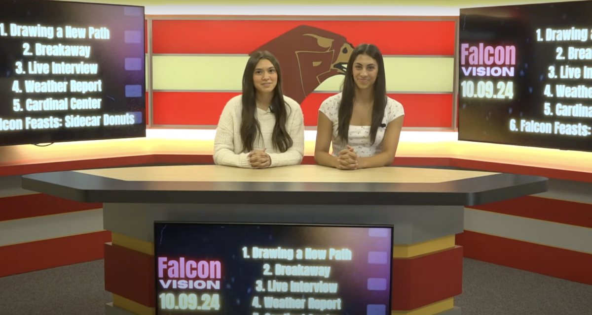 Jamie Crowley and Karina Shukla anchor the live Falcon Vision show. This show aired on 10.09.24 during SC time. Photo courtesy of Bailey Dotters. 